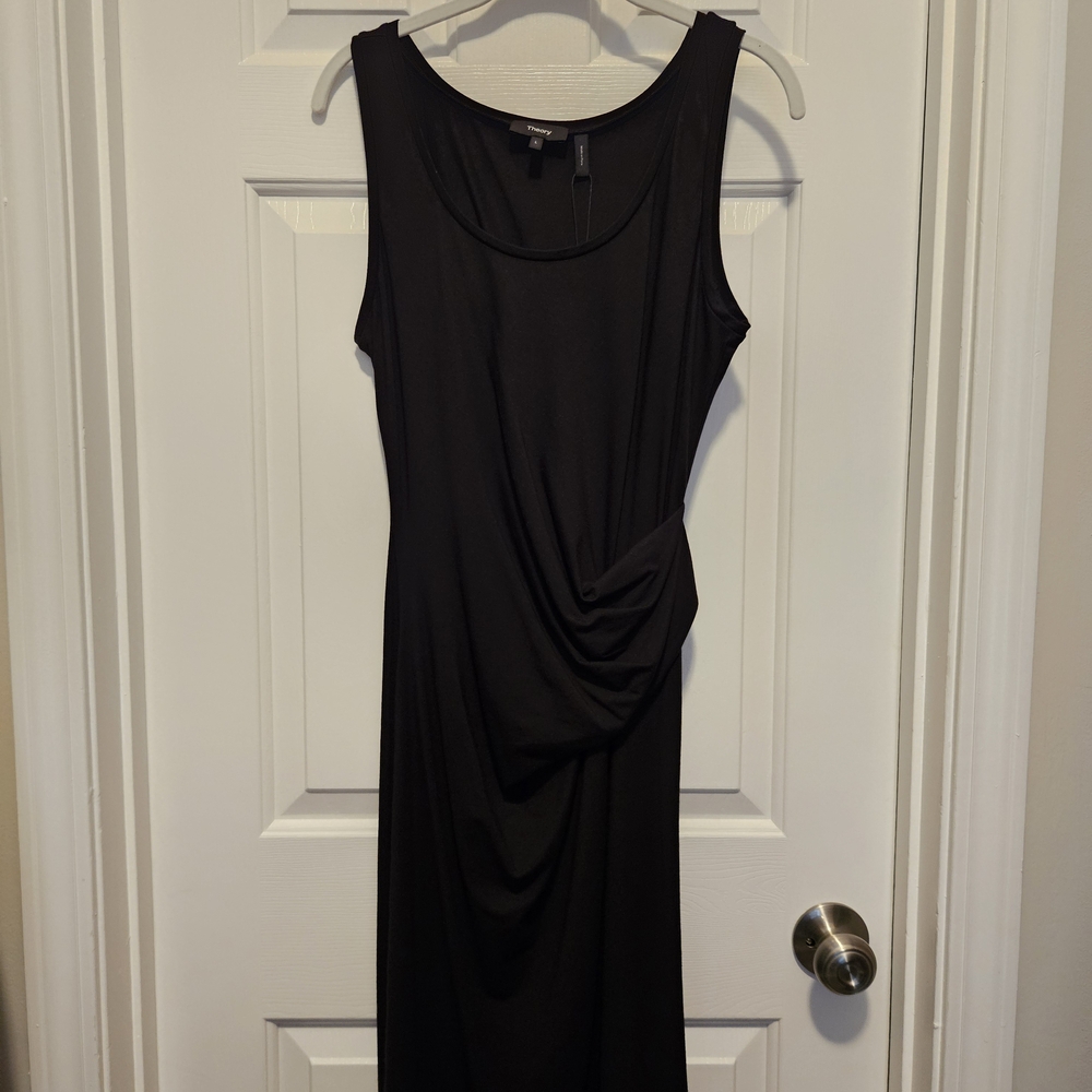 Theory Black Sheath Midi Dress Scoop Neck Sleeveless